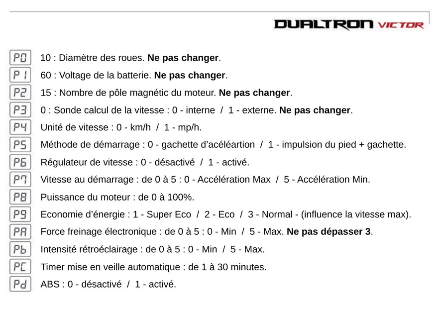 Illustration des réglages de la Dualtron Victor